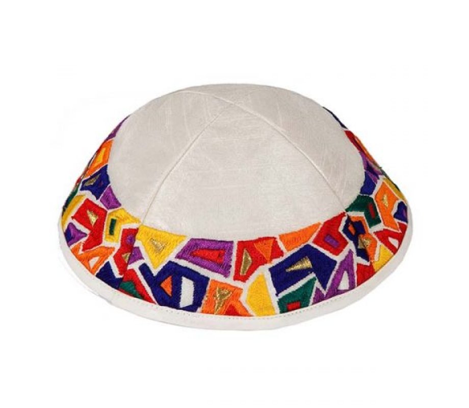 Yair Emanuel Embroidered Kippah - Colorful Geometric Shapes on Cream