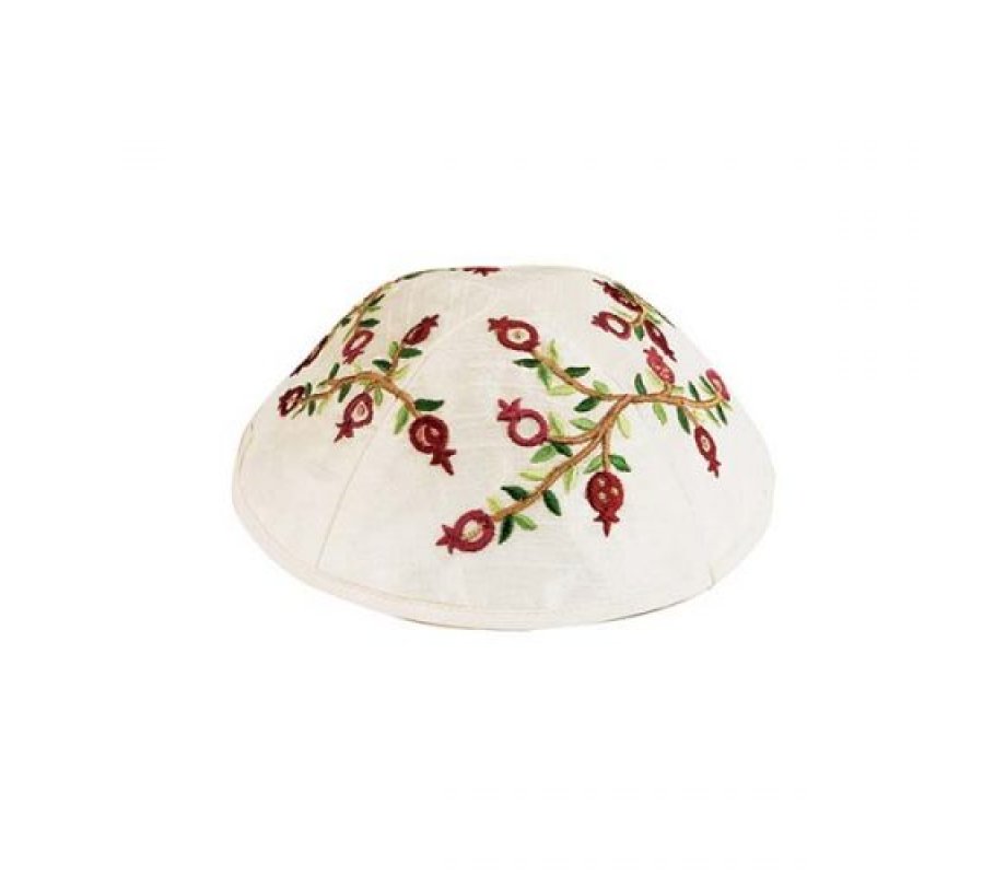 Yair Emanuel Embroidered Kippah, Dark Red Pomegranate on White