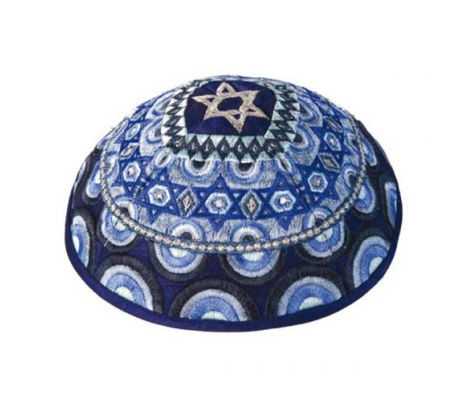 Yair Emanuel Embroidered Kippah, Stars of David – Blue