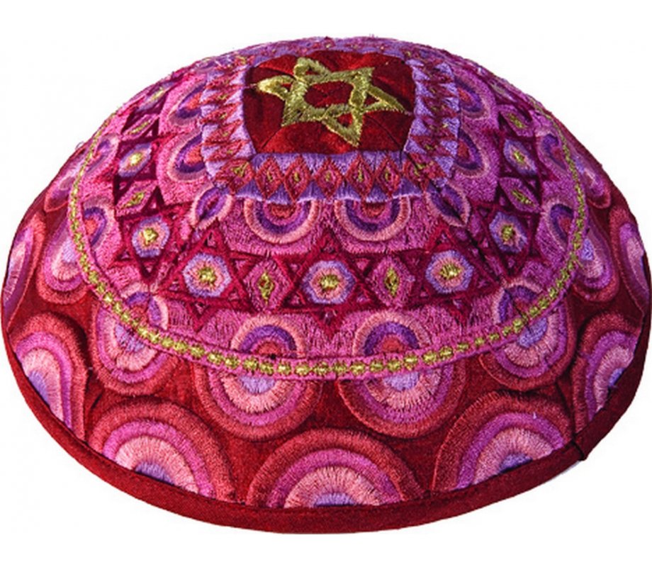 Yair Emanuel Embroidered Kippah, Stars of David - Pink & Gold