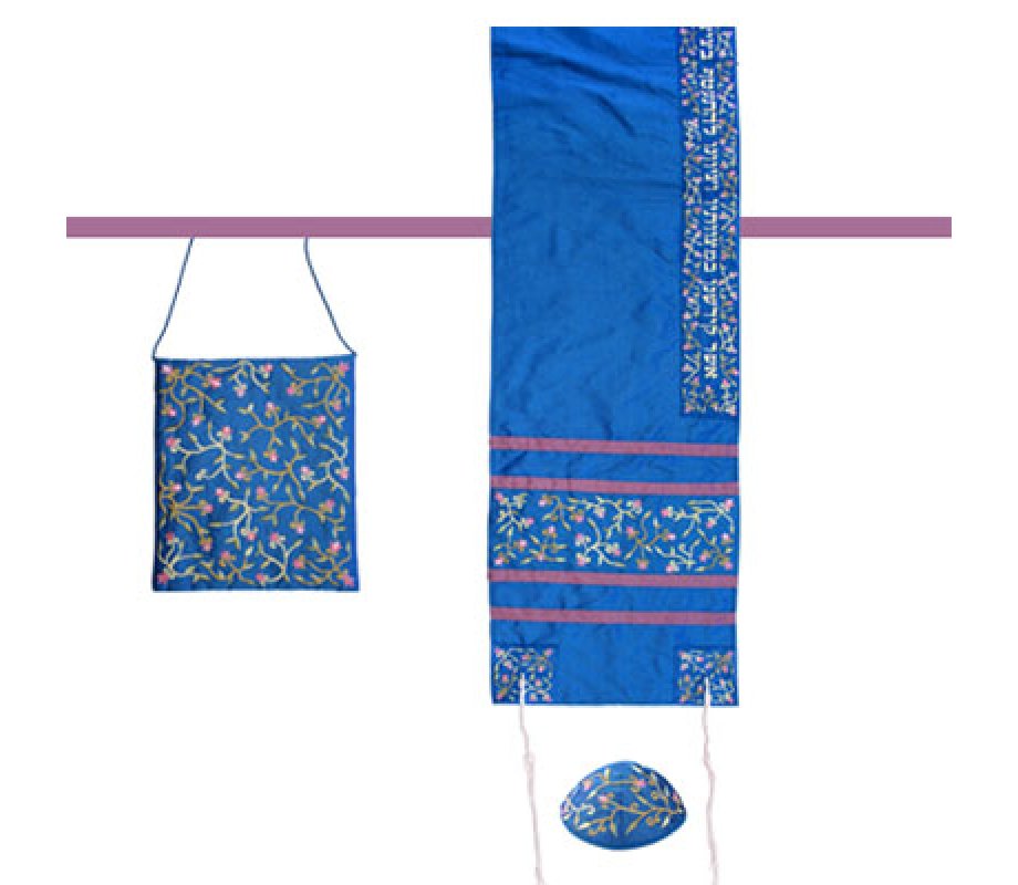 Yair Emanuel Embroidered Royal Blue Polysilk TalliSack Tallit Set - Flowers
