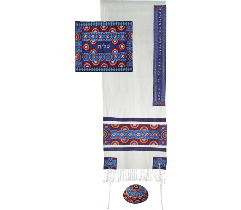 Yair Emanuel Embroidered Silk Cotton Tallit Set, Stars of David - Blue and Red