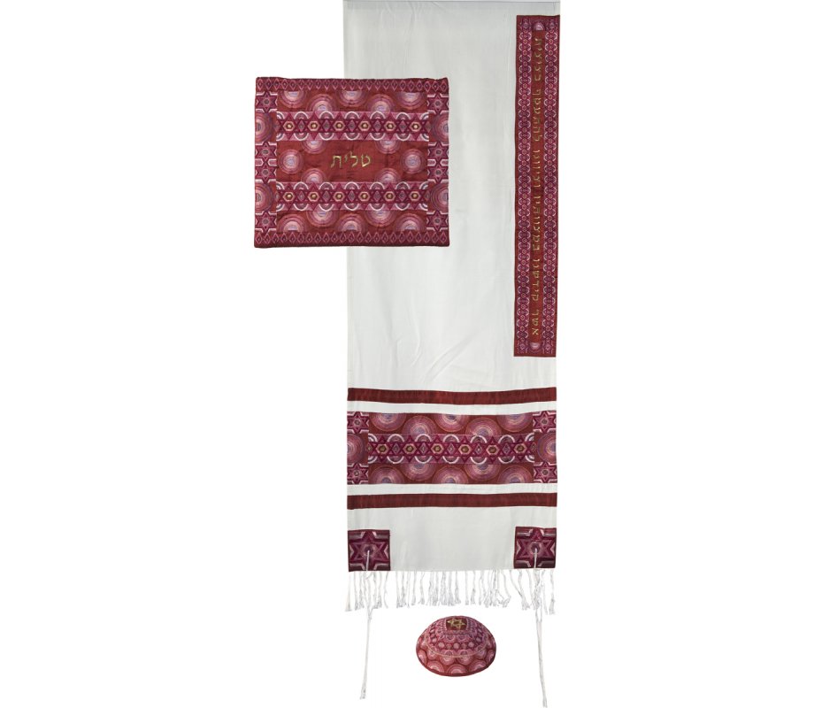Yair Emanuel Embroidered Silk Cotton Tallit Set, Stars of David - Shades of Red