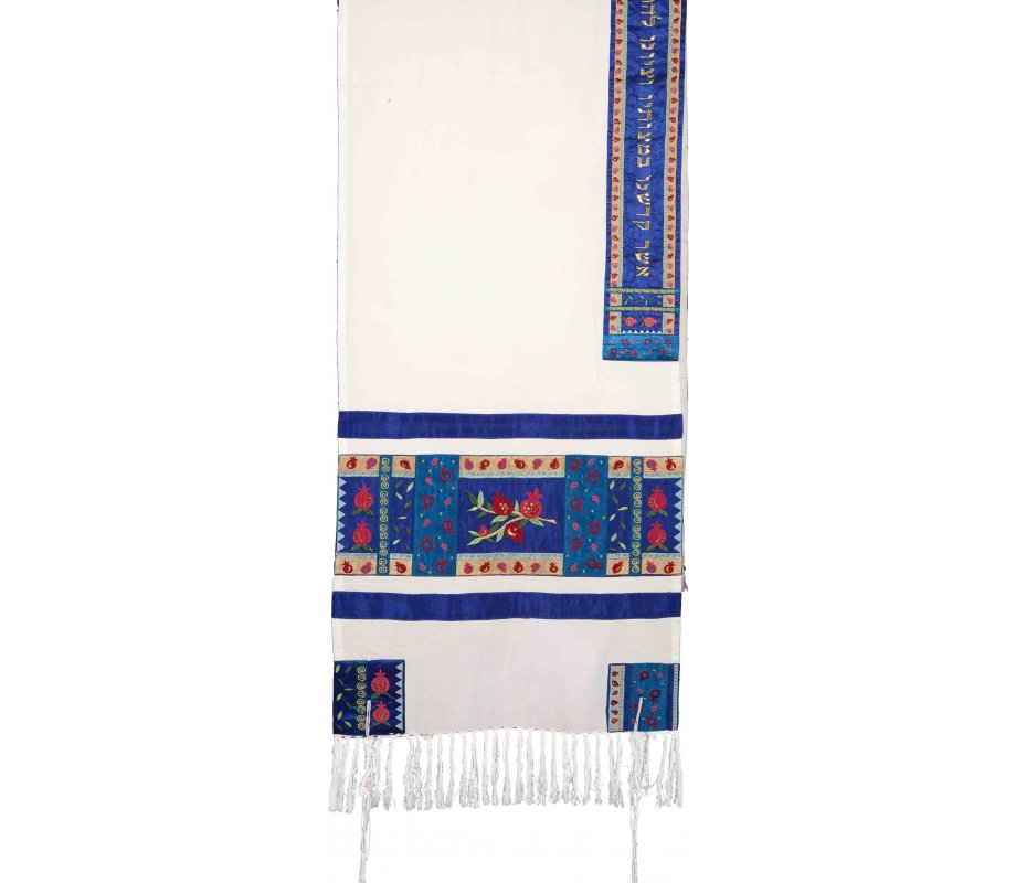 Yair Emanuel Embroidered Silk Tallit Set with Pomegranate Design - Red and Blue