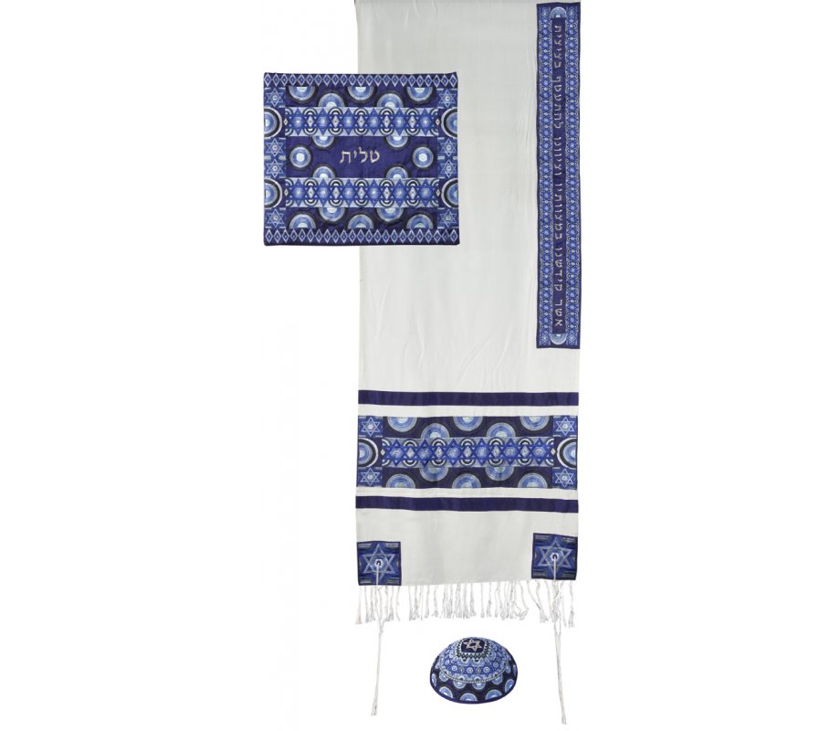 Yair Emanuel Embroidered Silk and Cotton Tallit Set, Stars of David - Blue