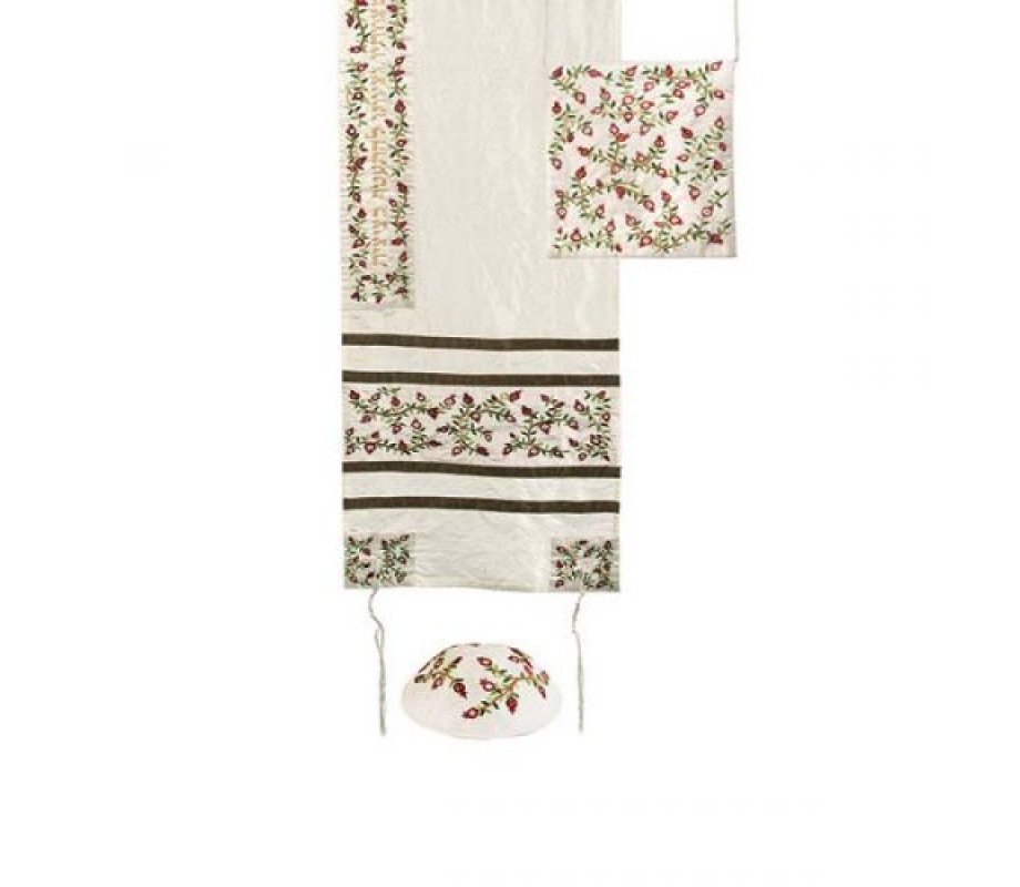 Yair Emanuel Embroidered Striped Tallisack Polysilk Tallit Set - Pomegranates