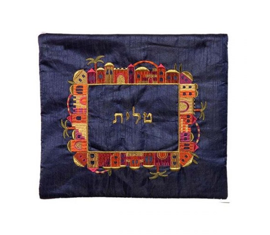 Yair Emanuel Embroidered Tallit & Tefillin Bag Set - Jerusalem Frame on Blue