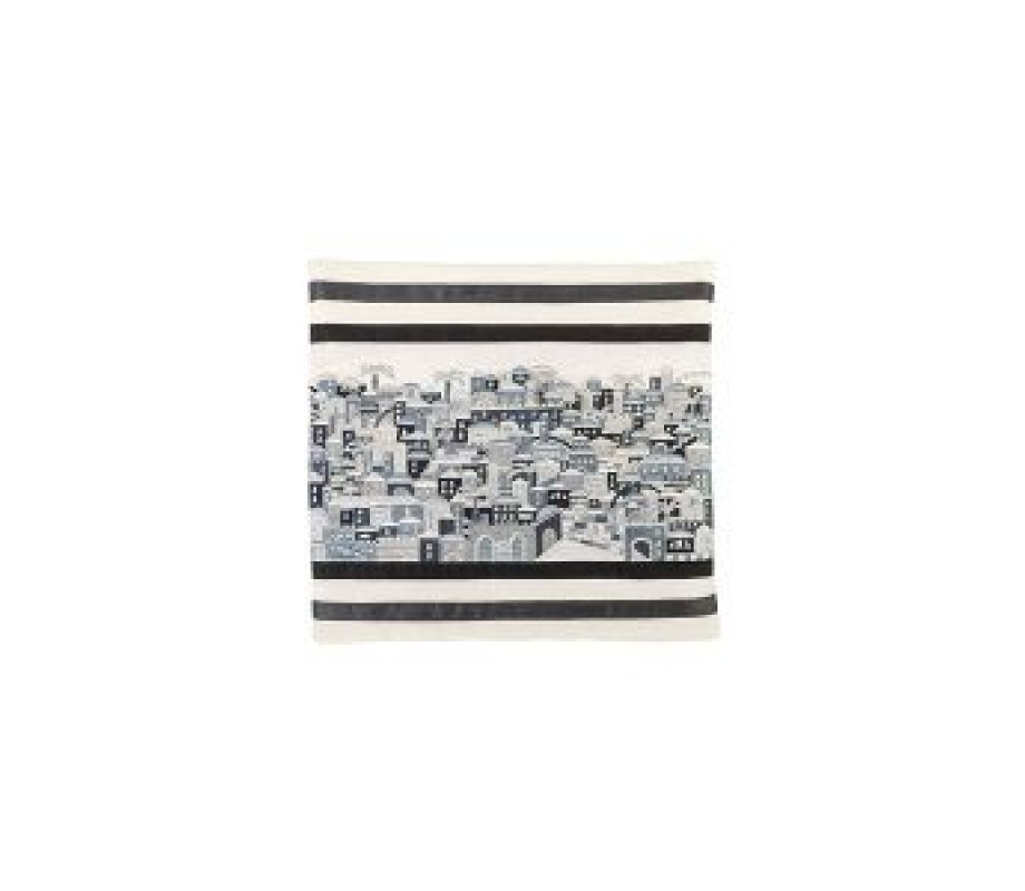 Yair Emanuel Embroidered Tallit Bag, Tefillin bag Panoramic Jerusalem - Black and Gray