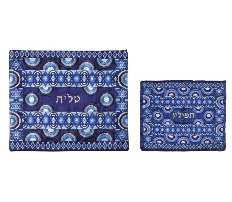 Yair Emanuel Embroidered Tallit and Tefillin Bag Set, Stars of David - Blue