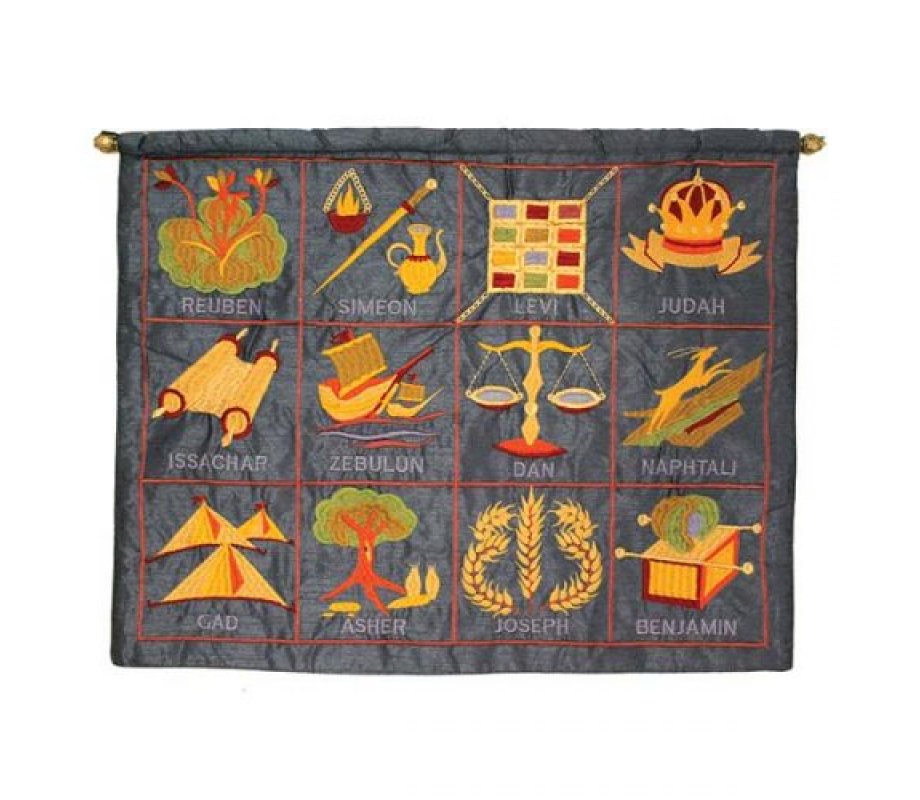 Yair Emanuel Embroidered Wall Hanging of Twelve Tribes Symbols, English - Blue