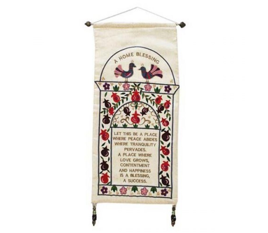 Yair Emanuel English Home Blessing with Pomegranate Frame and Doves – White Silk