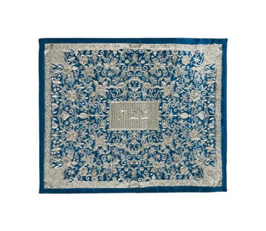 Yair Emanuel Full Embroidery Challah Cover, Flowers - Silver and Blue