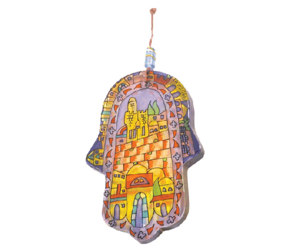Yair Emanuel Glass Hamsa Wall Decoration - Hand Painted Jerusalem Images