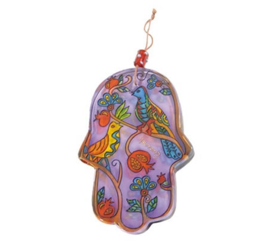 Yair Emanuel Glass Hamsa Wall Decoration - Hand Painted Birds and Pomegranates
