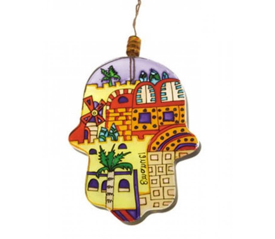 Yair Emanuel Glass Hamsa Wall Decoration - Hand Painted Contemporary Jerusalem