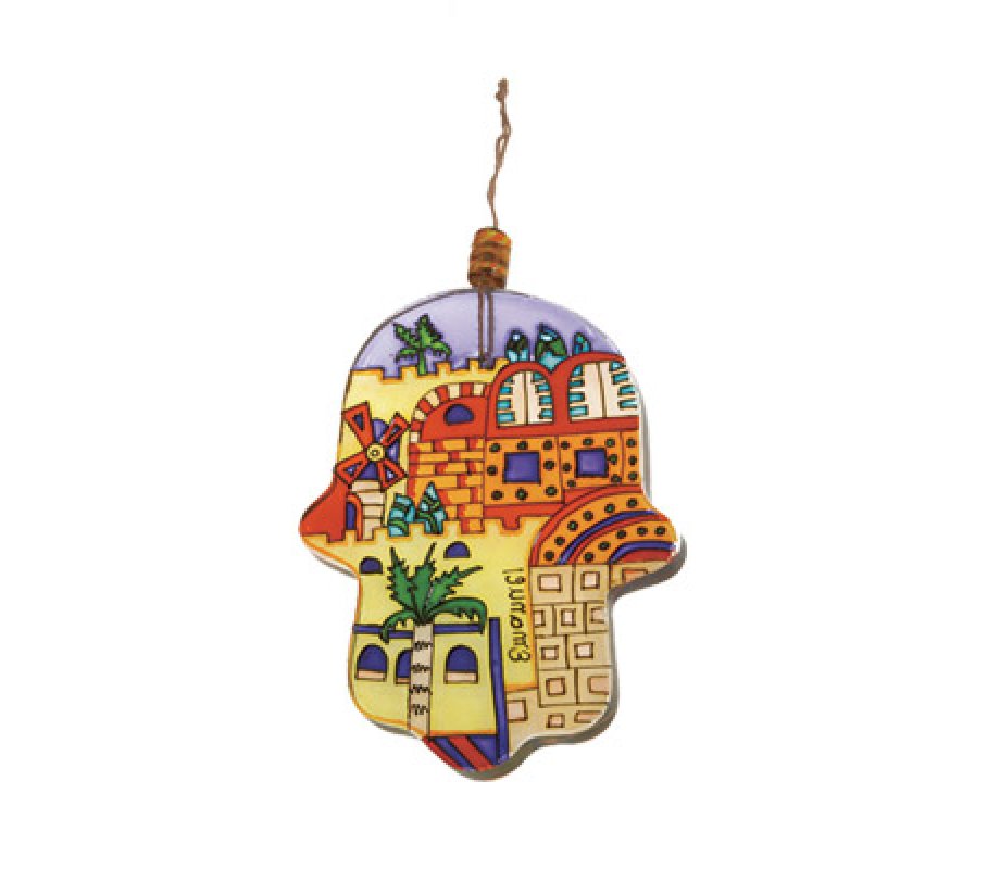 Yair Emanuel Glass Hamsa for Hanging, Small - Hand Painted Contemporary Jerusalem