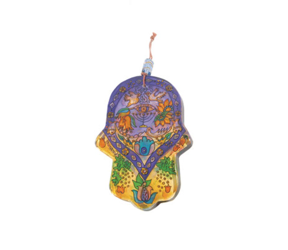 Yair Emanuel Glass Hamsa for Hanging, Small - Hand Painted Menorah & Birds
