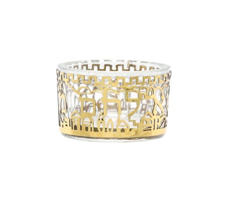 Yair Emanuel Glass Salt Dish with Metal Cutout Jerusalem Design - Gold Brass