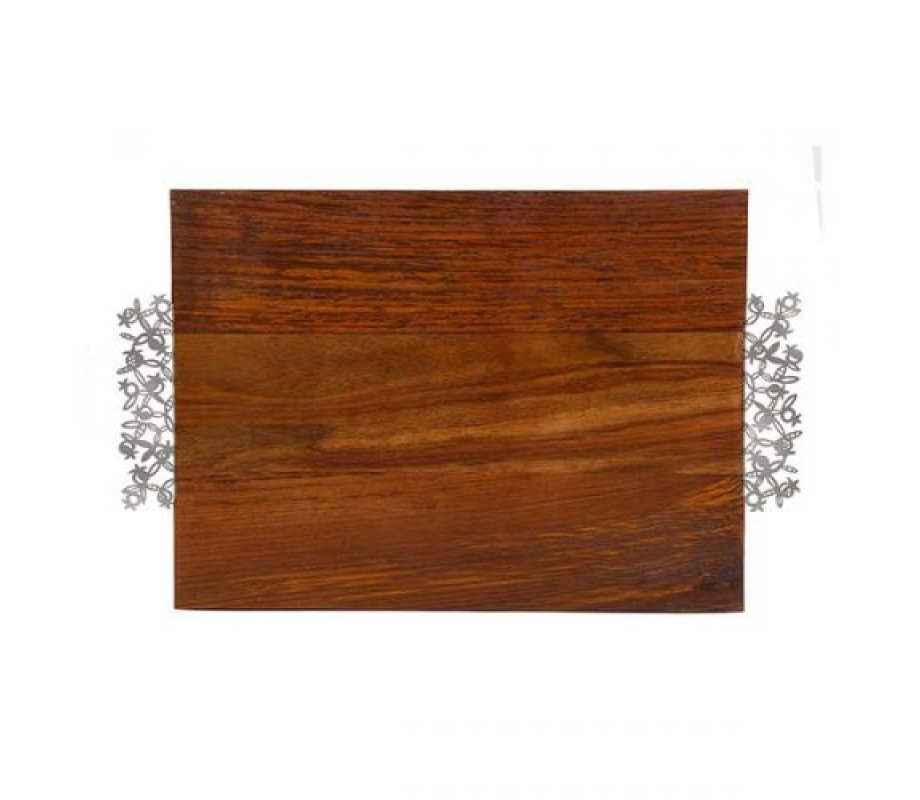 Yair Emanuel Grained Dark Wood Challah Board, Laser Cut Handle - Pomegranates