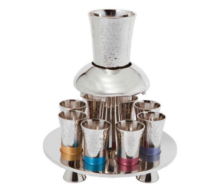 Yair Emanuel Hammered Aluminum Kiddush Fountain Set 8 Cups - Multicolored Bands