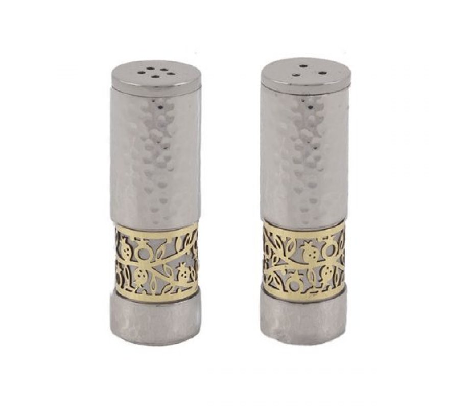 Yair Emanuel Hammered Aluminum Salt & Pepper Set, Gold Pomegranate Band - Silver