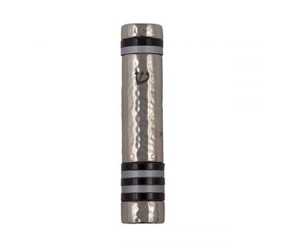 Yair Emanuel Hammered Aluminum Silver Mezuzah Case - Black Bands