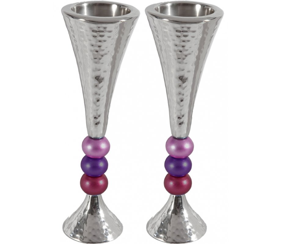 Yair Emanuel Hammered Aluminum Stem Candlestick - Colored Beads