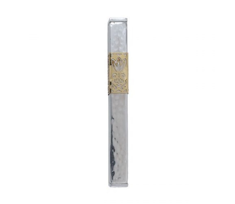 Yair Emanuel Hammered Metal Mezuzah Case, Cutout Flower - Silver and Gold