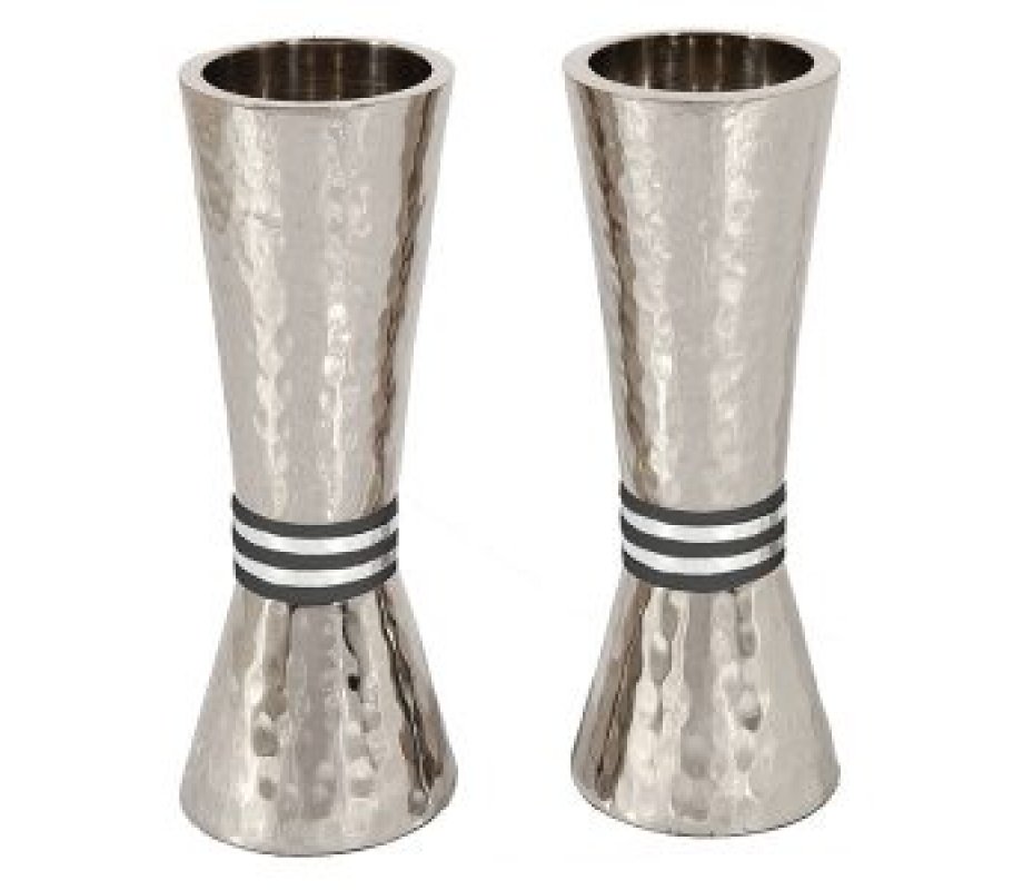 Yair Emanuel Hammered Nickel Cone Candlesticks - Colored Rings