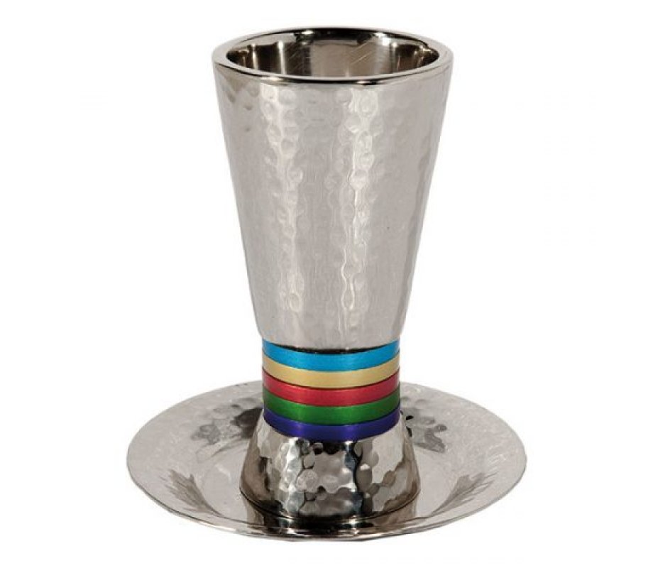 Yair Emanuel Hammered Nickel Cone Kiddush Cup Set - Colored Rings