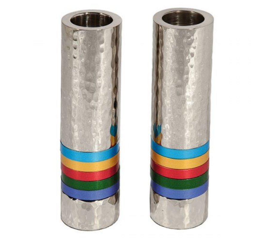 Yair Emanuel Hammered Nickel Cylinder Candlesticks - Multicolor Bands