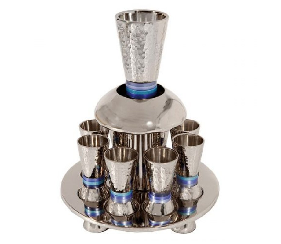 Yair Emanuel Hammered Nickel Kiddush Fountain on Tray with 8 Cups - Blue Rings