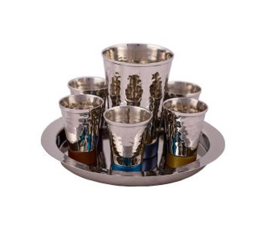 Yair Emanuel Hammered Nickel Kiddush Goblet, Six Cups and Tray - Multicolor Band
