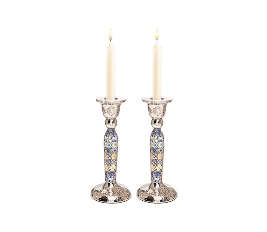 Yair Emanuel Hammered Stainless Steel Colorful Geometric Design Candlesticks