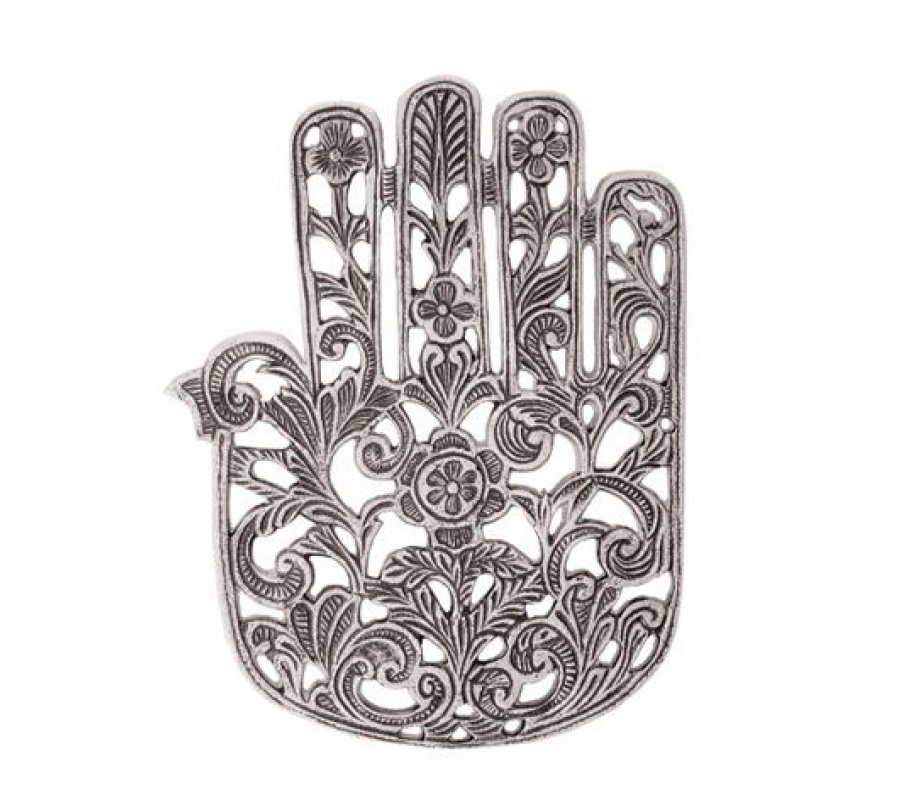 Yair Emanuel Hamsa Trivet with Floral Decoration - Silver