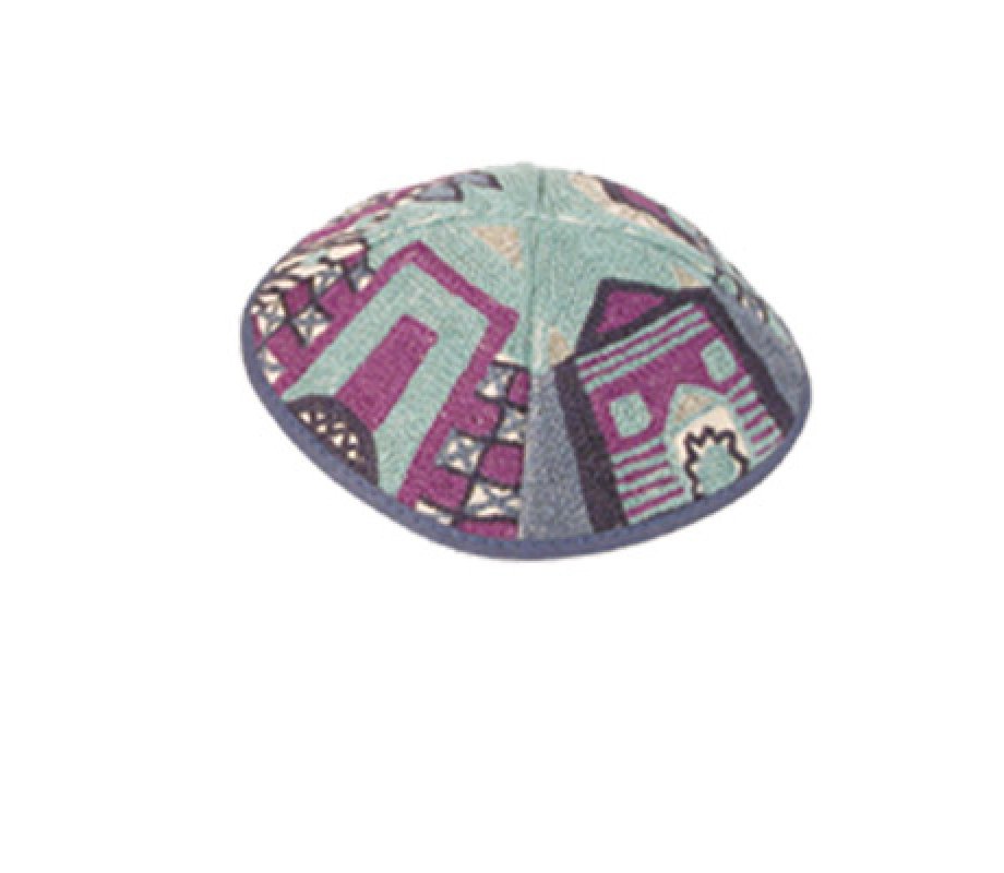 Yair Emanuel Hand Embroidered Cotton Kippah, Blue and Purple - Jerusalem Images