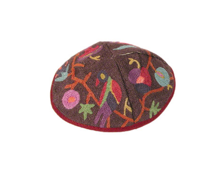 Yair Emanuel Hand Embroidered Cotton Kippah, Burgundy - Birds and Flowers