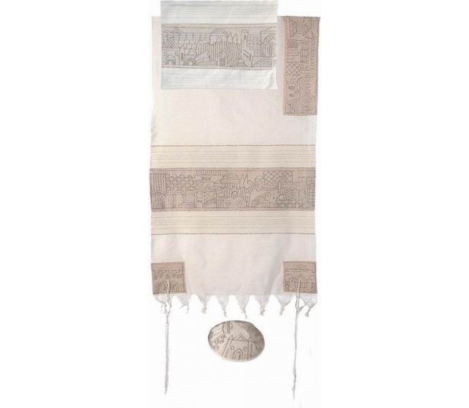 Yair Emanuel Hand Embroidered Woven Cotton Tallit Set, Jerusalem - Silver