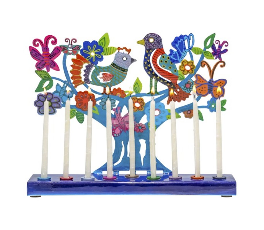 Yair Emanuel Hand Painted Chanukah Menorah, Colored Birds Flowers & Butterflies