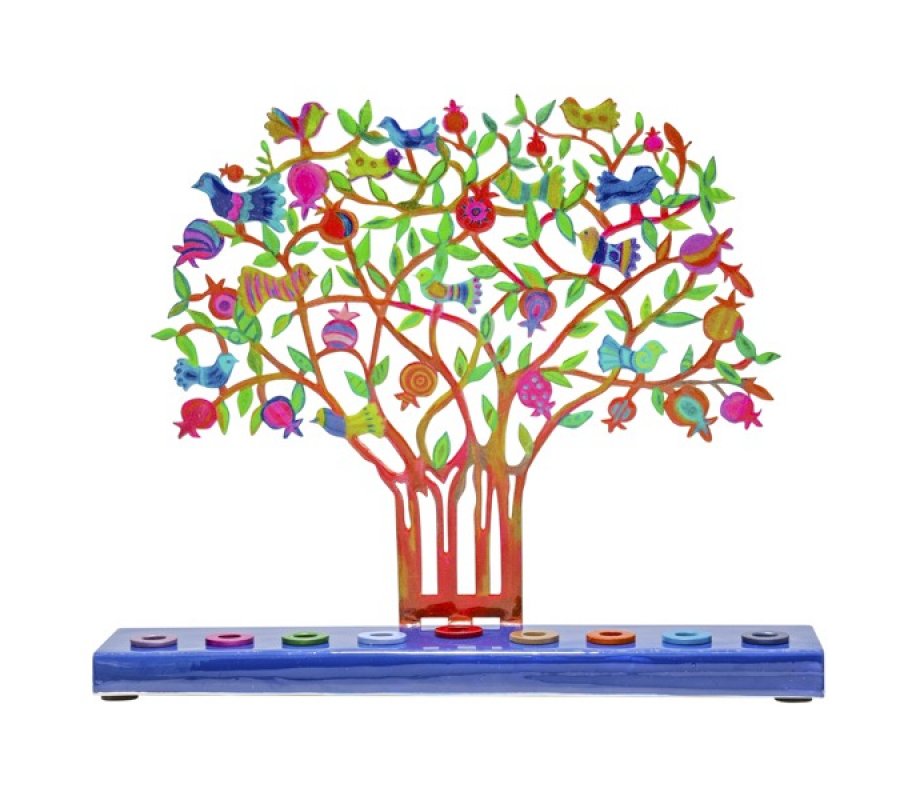 Yair Emanuel Hand Painted Chanukah Menorah, Colorful Pomegranate Tree and Birds