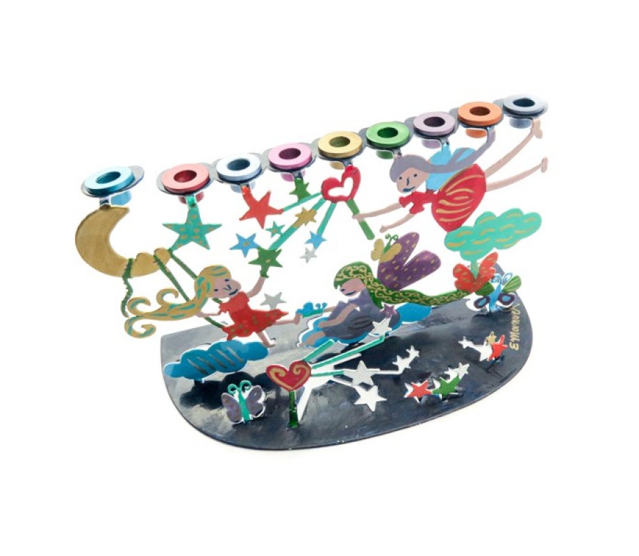 Yair Emanuel Hand Painted Chanukah Menorah, Youthful Wonderland Scene