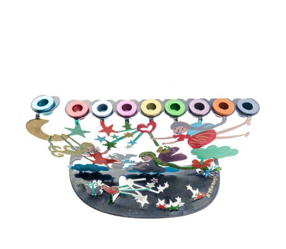 Yair Emanuel Hand Painted Chanukah Menorah, Youthful Wonderland Scene