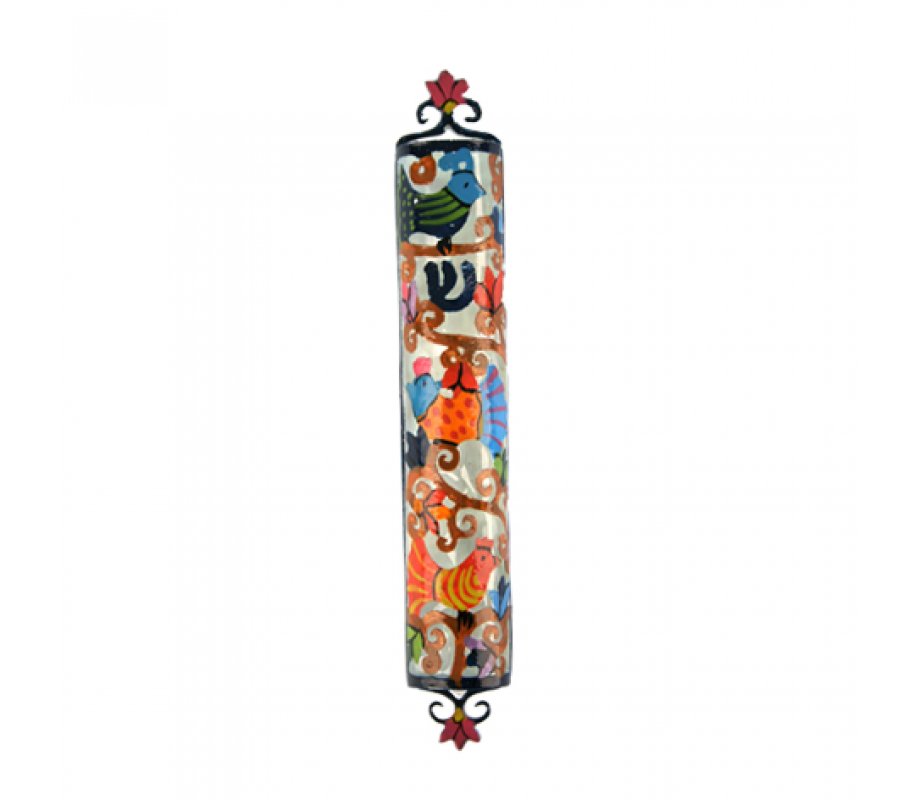 Yair Emanuel Hand Painted Colorful Laser Cut Metal Mezuzah Case - Birds