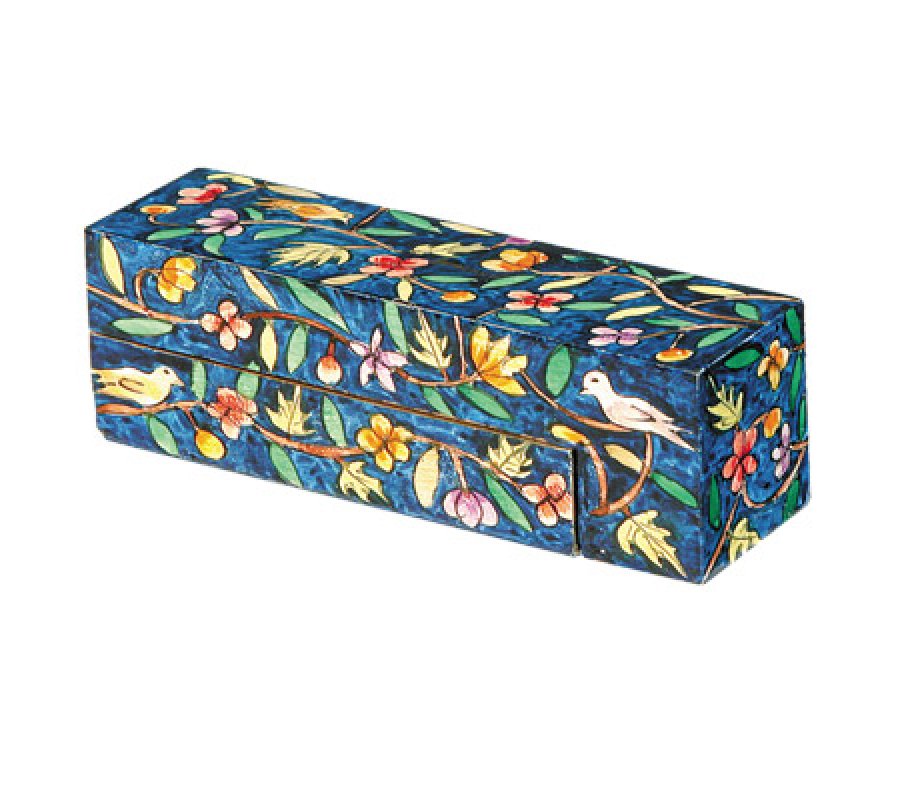 Yair Emanuel Hand Painted Compact Wood Hanukkah Menorah - Blue Forest Images