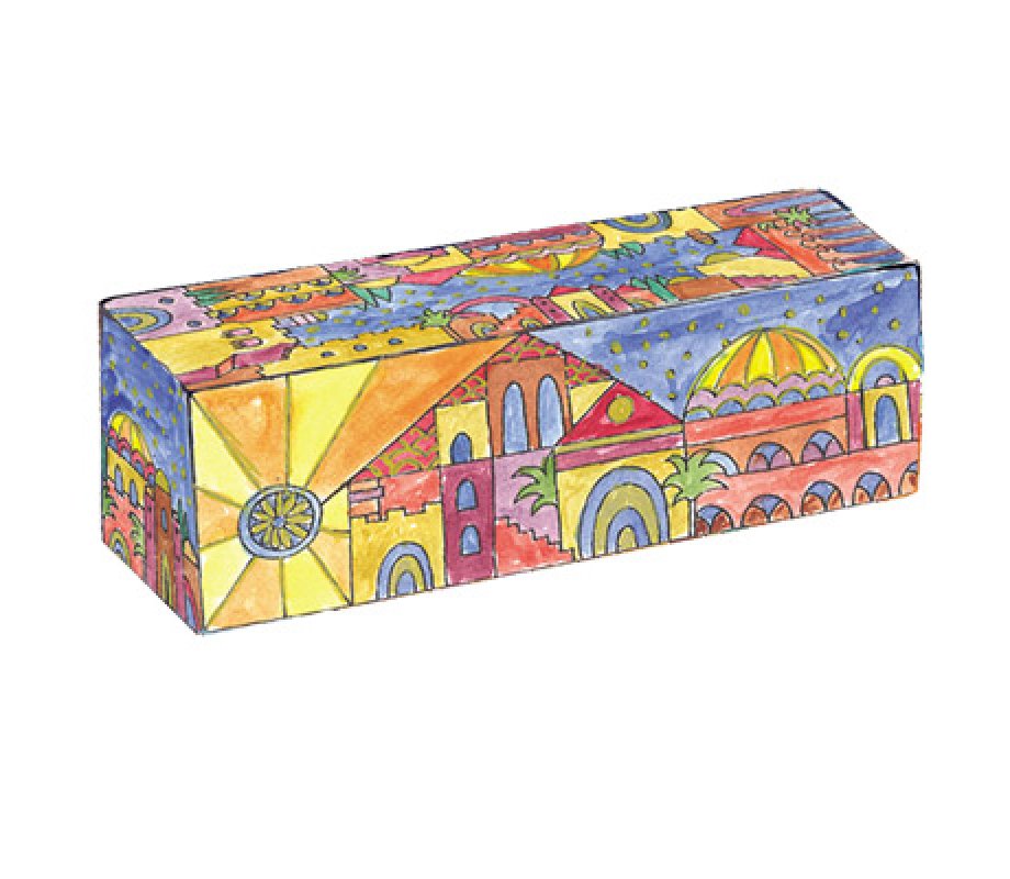 Yair Emanuel Hand Painted Compact Wood Hanukkah Menorah - Golden Jerusalem