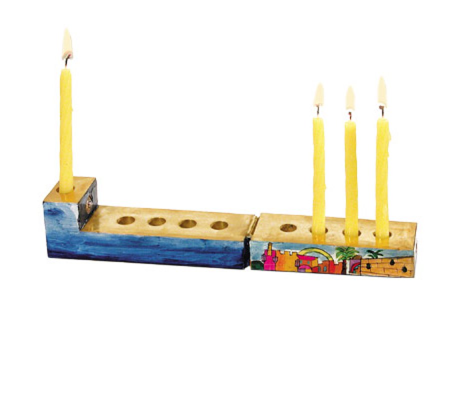 Yair Emanuel Hand Painted Compact Wood Hanukkah Menorah - Jerusalem Images