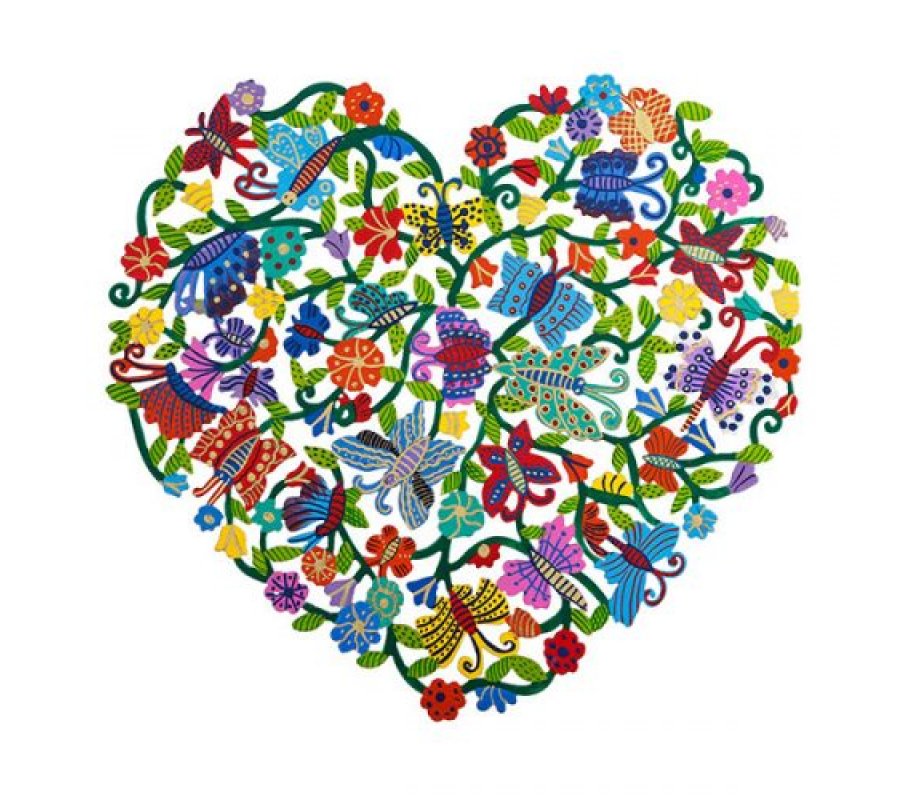 Yair Emanuel Hand Painted Heart Shape Wall Hanging - Flowers and Butterflies
