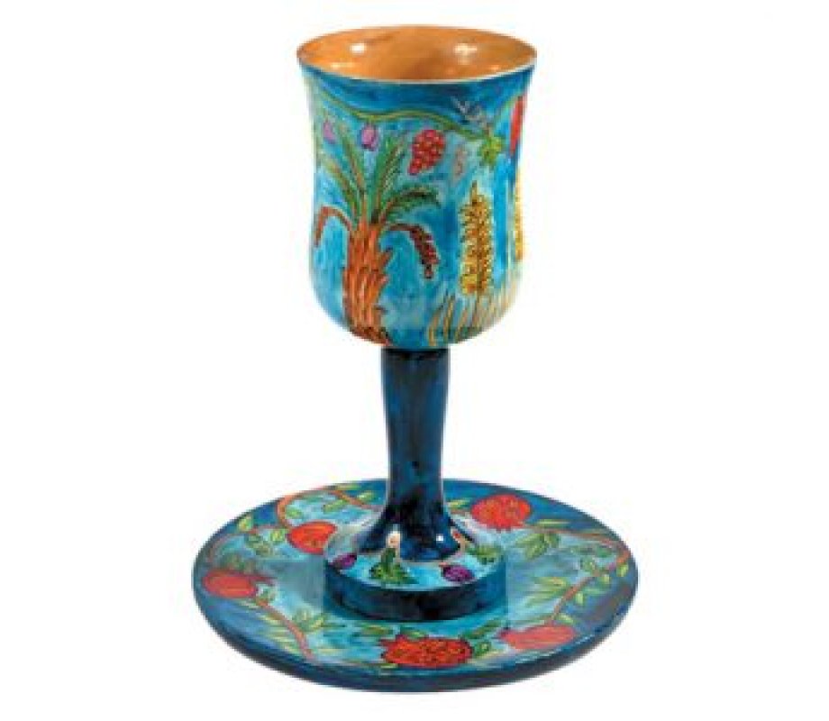 Yair Emanuel Hand Painted Large Wood Kiddush Cup with Coaster - Seven Species