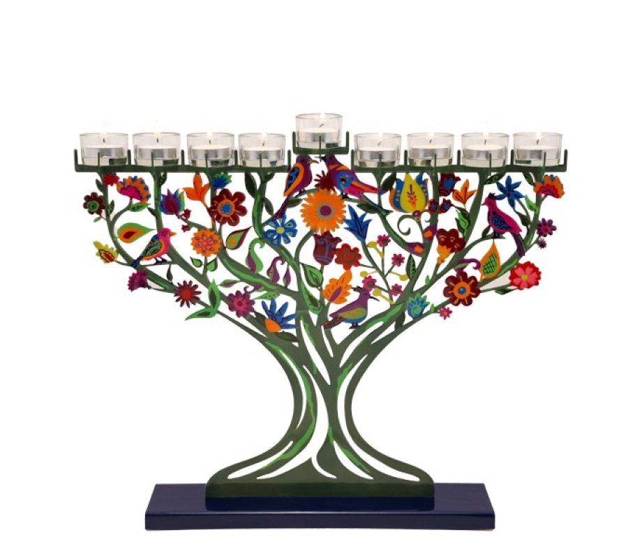 Yair Emanuel Hand Painted Laser Cut Chanukah Menorah, Pastoral Trees and Birds