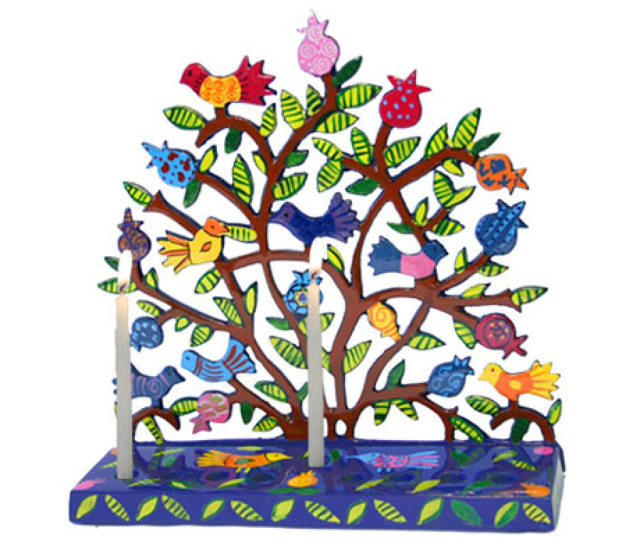 Yair Emanuel Hand Painted Laser Cut Hanukkah Menorah - Birds on Pomegranate Tree
